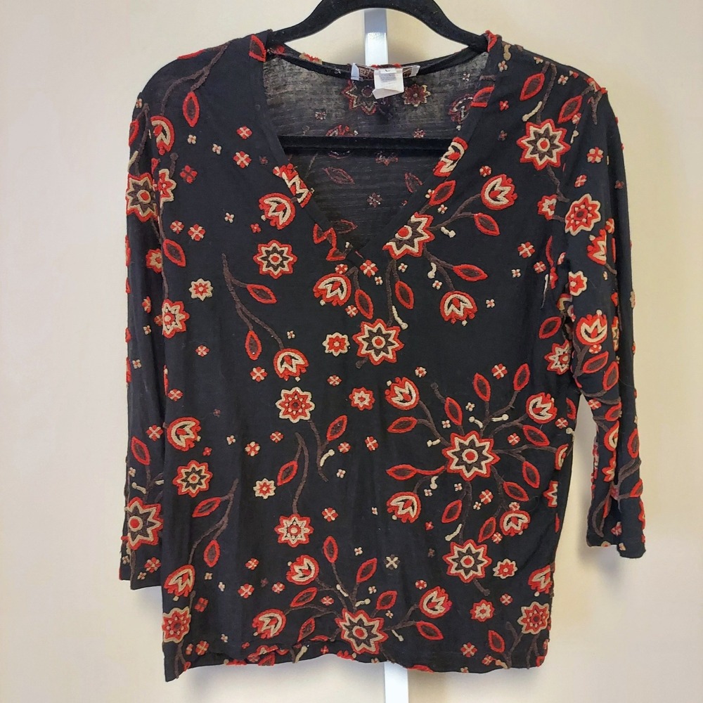 ELLIOTT LAUREN Womens Black Floral Embroidered 3D Long Sleeve V Neck Top L Boho
